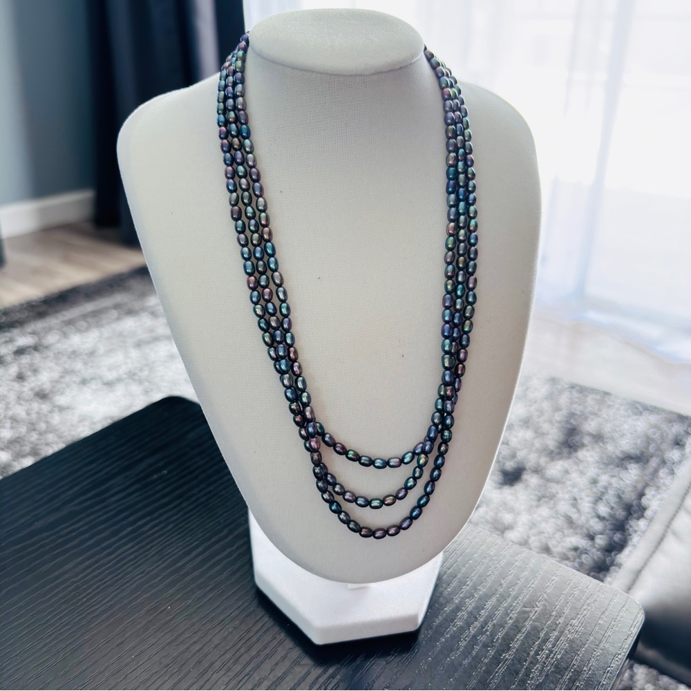 Multi Strand Peacock Pearl Necklace Blue Green Iridescent 18”